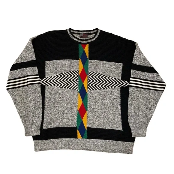 Vintage 80’s Geometric Sweater Rainbow Trippy Retro Grandpa Striped Men’s Large - Picture 1 of 6